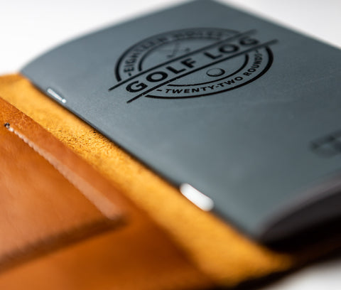 Close-up of the golf log in the leather cover