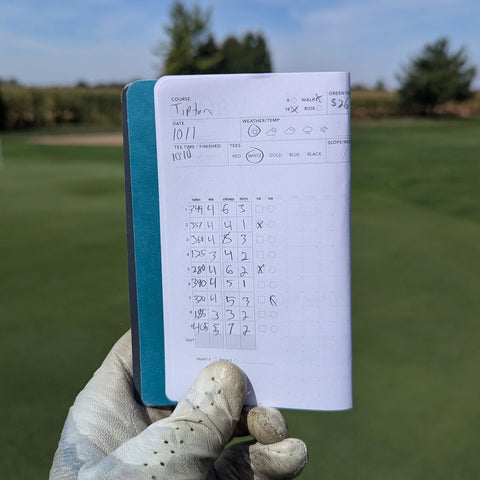 Holding up the first page of a filled-out golf log