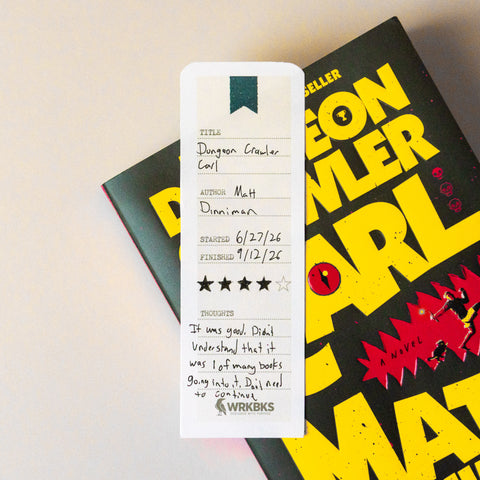 Reading log bookmark filled in with title, author, dates and rating