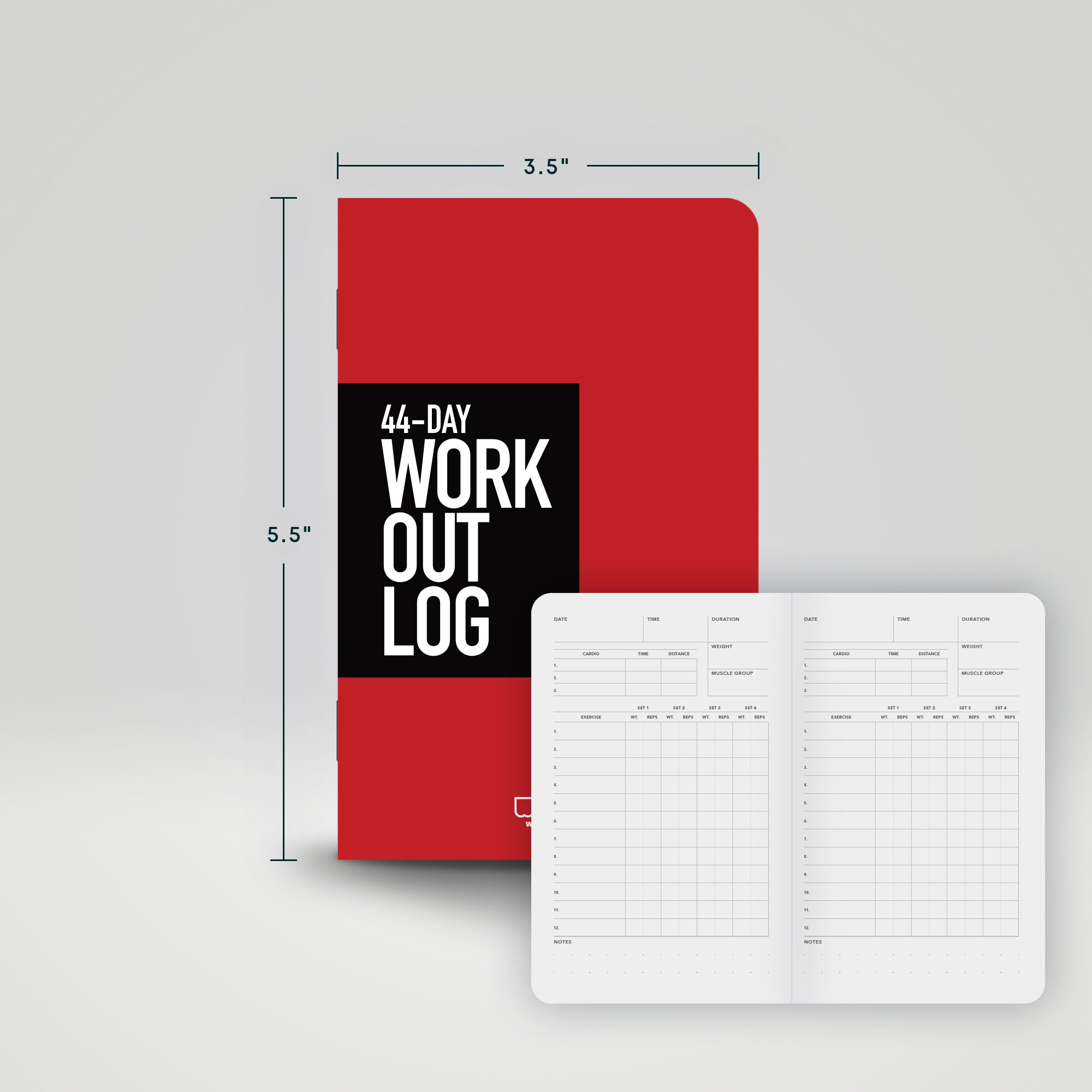 Pocket workout log with the size and inside spread